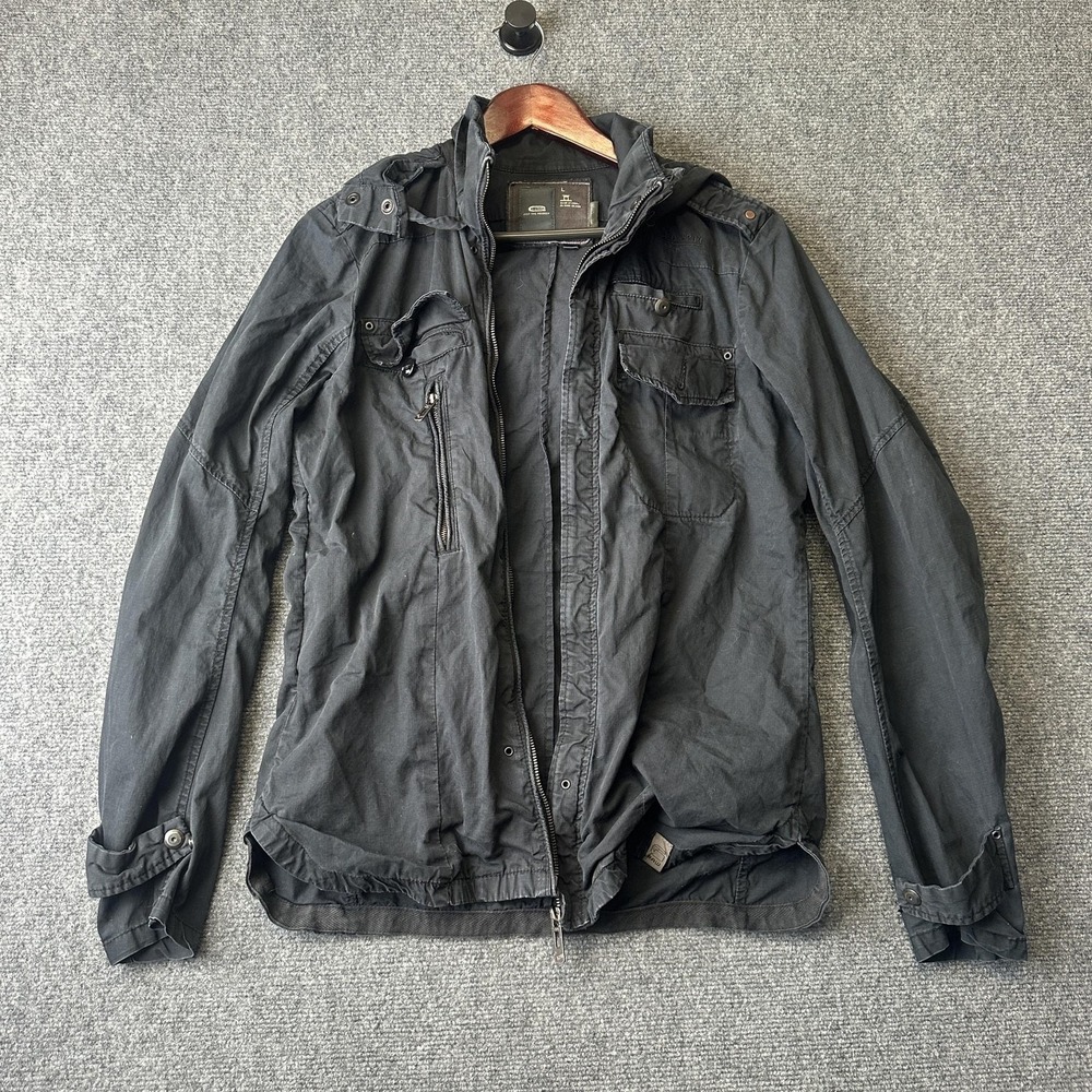 G-Star RAW Jacket Mens L Black Hooded Cotton Canvas Military Full Zip Pockets